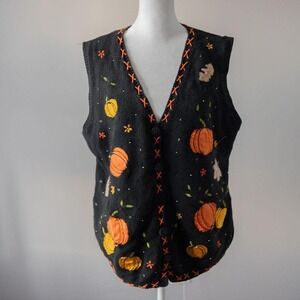 Y2K Fall Pumpkin Embroidered Leaves Beaded Black Orange Women's Sweater Vest